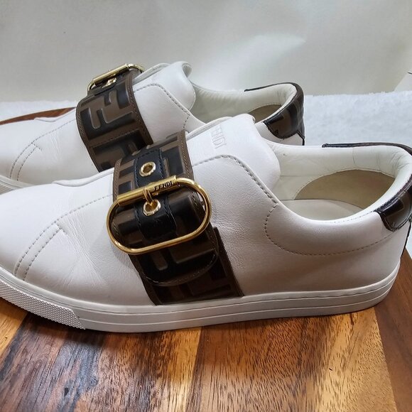 Fendi Logo Strap Leather Sneakers – FF Embossed Ultra White Maya, Size 7.5 - Picture 4 of 12